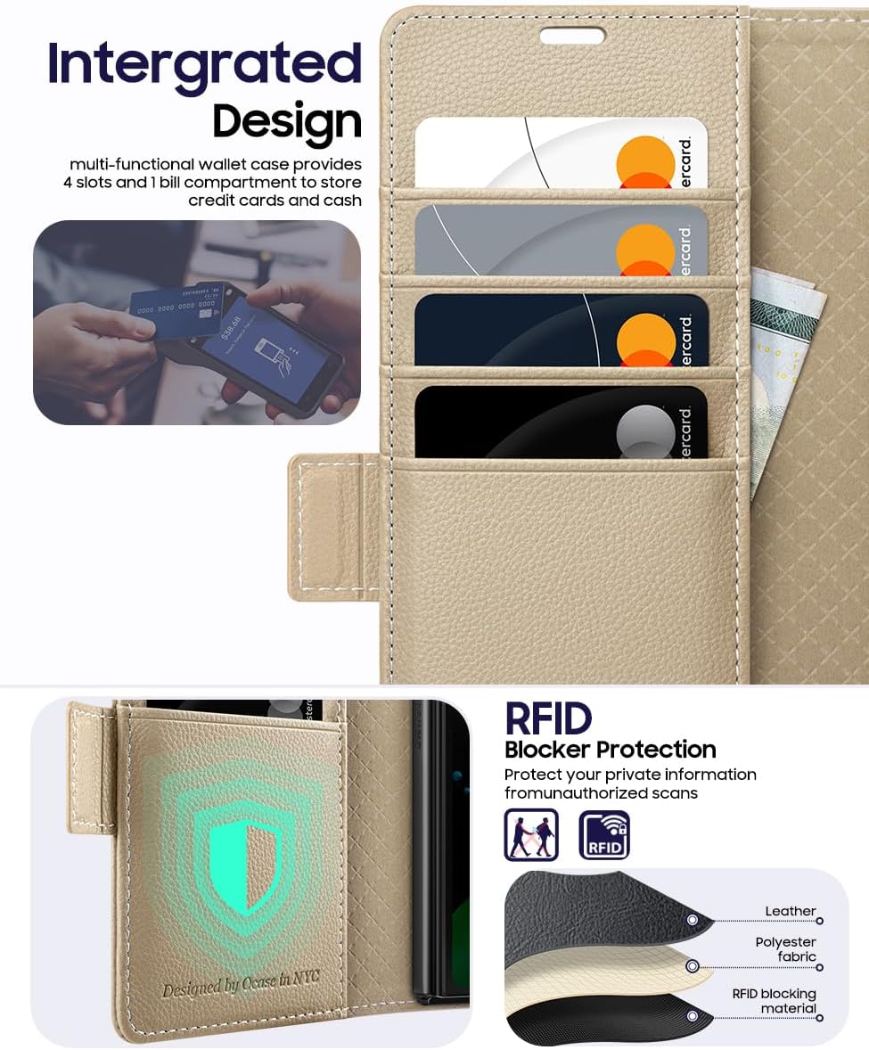 OCASE Compatible with Samsung Galaxy Z Fold6 Wallet Case with S Pen Holder, PU Leather Flip Folio, Card Slots, RFID Blocking, Kickstand, Phone Cover for Galaxy Z Fold 6 2024-Litchi Apricot