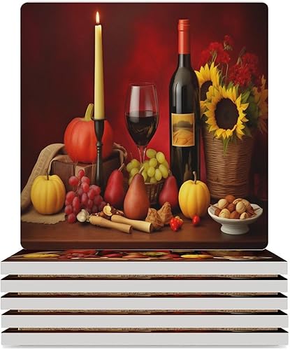 Miniatura 52 de Round-4 posavasos de cerámica para vino tinto, posavasos redondos absorbentes para bebidas, estilo vintage de madera, vino tinto, uvas, frutas y