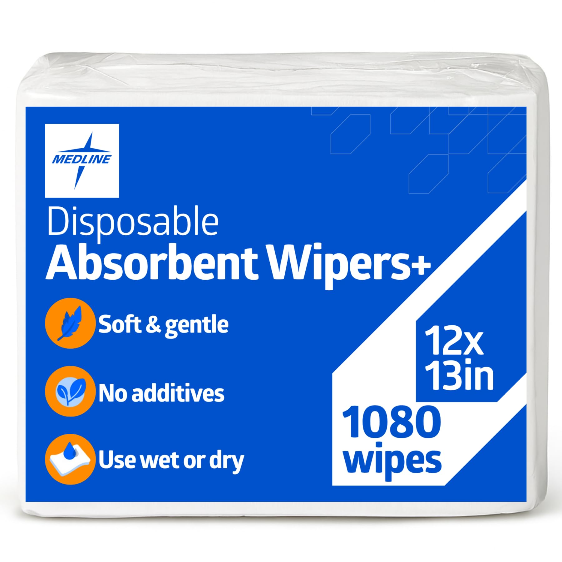 Medline Absorbent Wipers+ Disposable Heavy Duty Dry Wipes, 12" x 13" (90 Count, 12 Pack)