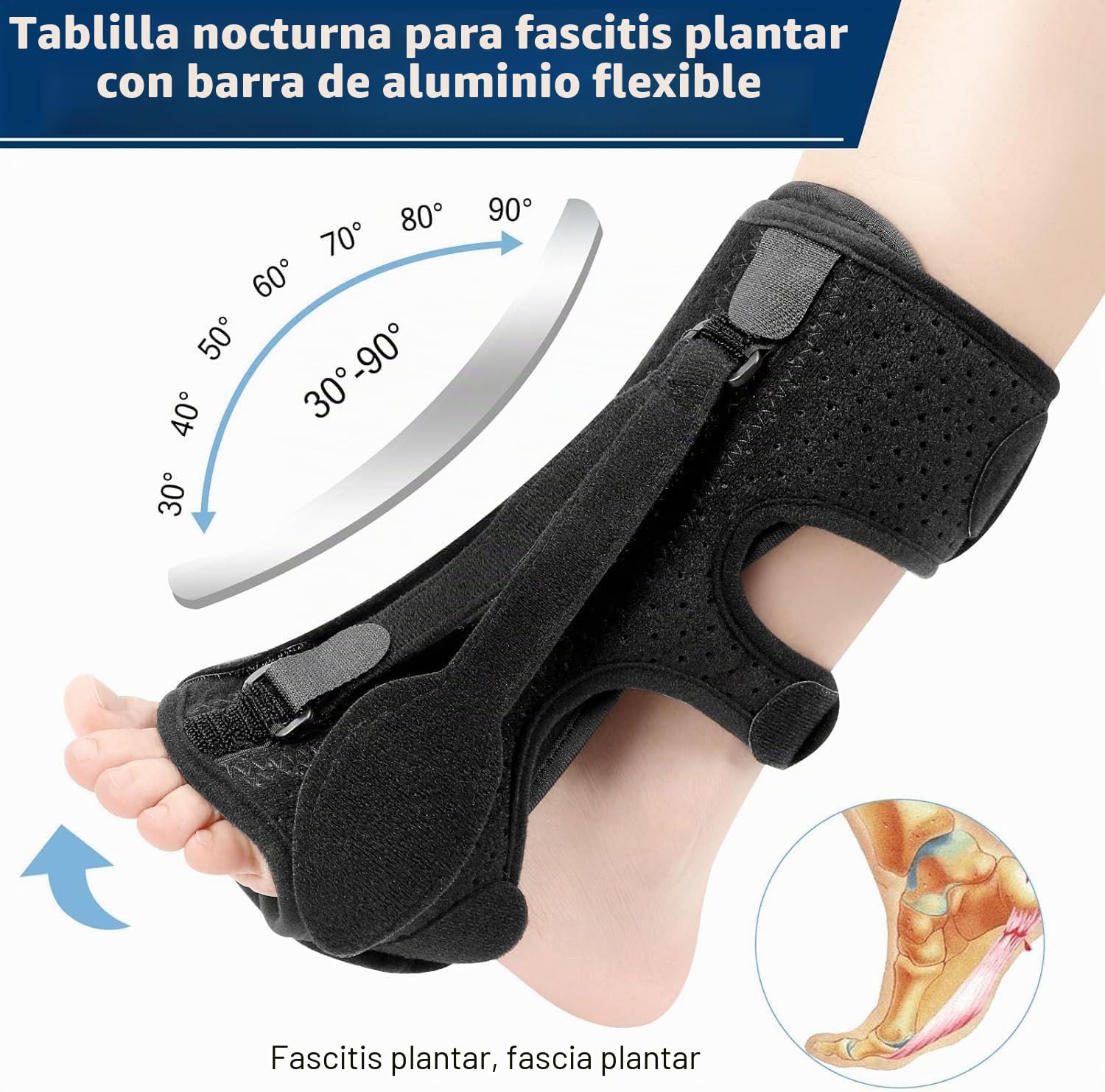 Férula Nocturna Para Fascitis Plantar - Nuevo Soporte Ajustable Y Transpirable Para Fascitis Plantar, Para Tendinitis De Aquiles, Caída Del Pie, Problemas En El Talón Del Tobillo (Negro)