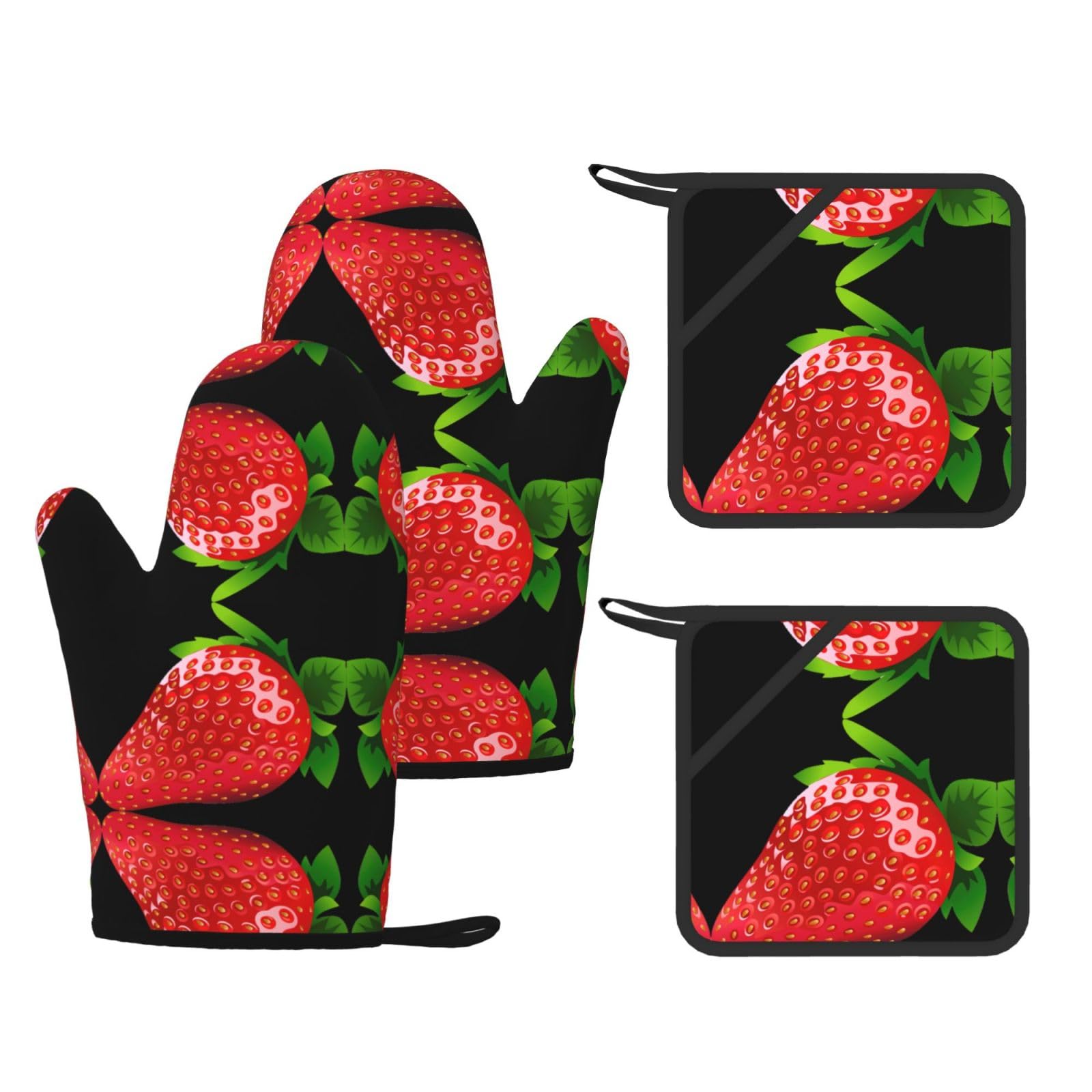 strawberry clipart Printed Oven Gloves and Hot Pads Set of 4, High Heat Resistant Silicone Mitts for Cooking BBQ