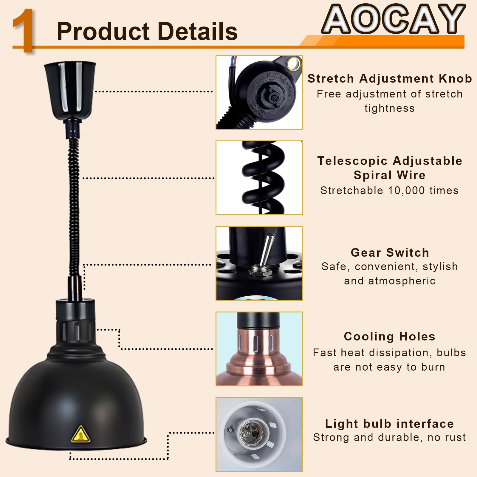 Lampada Riscaldante per Alimenti, Sospeso Lampade Scaldavivande Cucina 19 cm/25 cm, Lampade Riscaldanti per Cucina, Ristoranti, Hotel a Buffet 60-180cm Altezza Regolabile(Nero-25cm, 3 Pezzi)