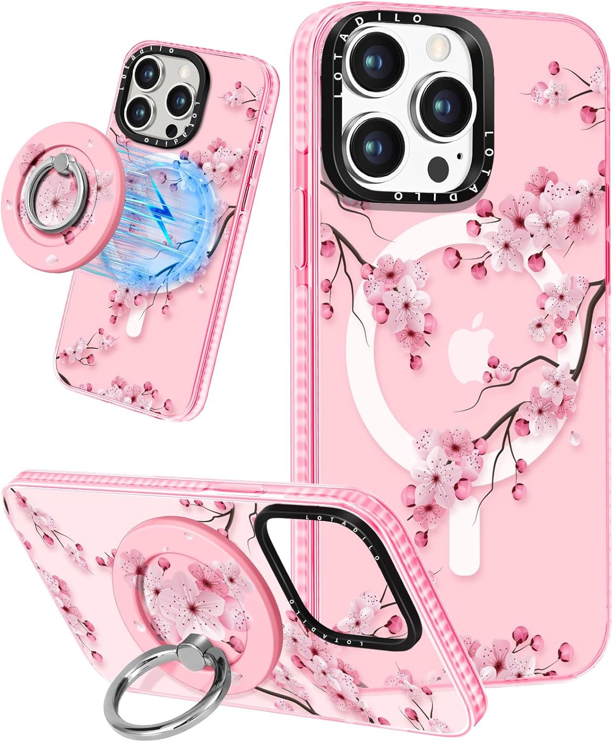 for iPhone 14 Pro Max Case for Women - Cute Design Girls Compatible with Magsafe Magnetic Ring Holder Stand Peach Blossom Phone Covers Aesthetic Girly TPU Funda for 14 Pro Max