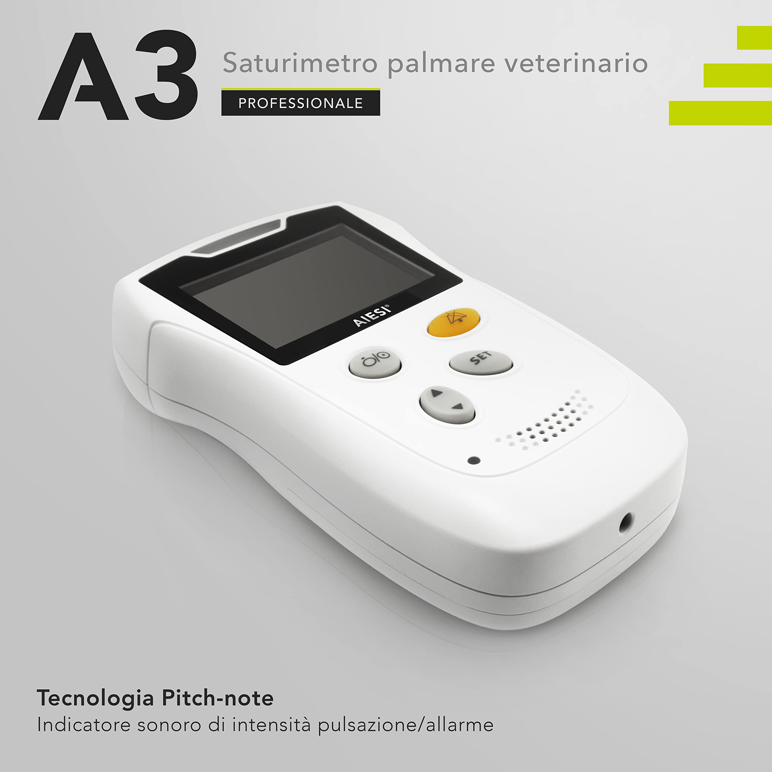 AIESI® Saturimetro Veterinario Palmare con display a colori e sonda linguale anti-movimento A3, Estremamente preciso, Batteria al litio, Guscio di protezione con supporto, Garanzia Italia 24 mesi