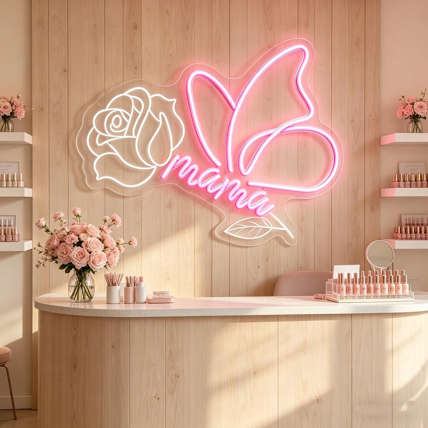 Rose Butterfly Mama Neon Sign for Wall Decor Pink LED Light Up Letter For Living Room Kid's Room Nursery Decor Home Decoration Mother's Day Birthday Gifts