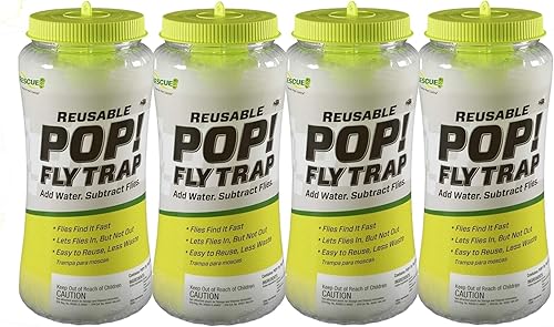 RESCUE! POP! Trampa para moscas reutilizable con atractor soluble en agua de acción rápida para el hogar y entornos agrícolas, plástico reciclable