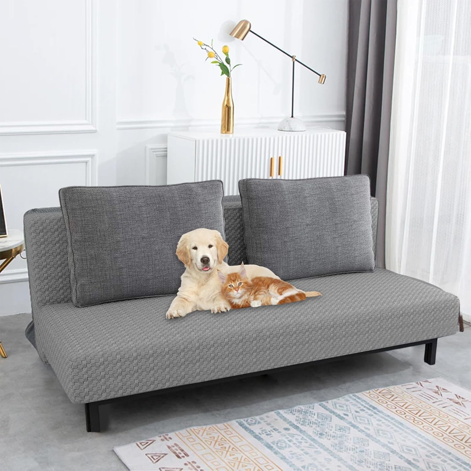 Armless Futon Cover High Stretch Jacquard Armless Couch Cover with Elastic Bottom Dust-Proof Sofa Slipcover for Living Room Kids Pets Light Grey ..