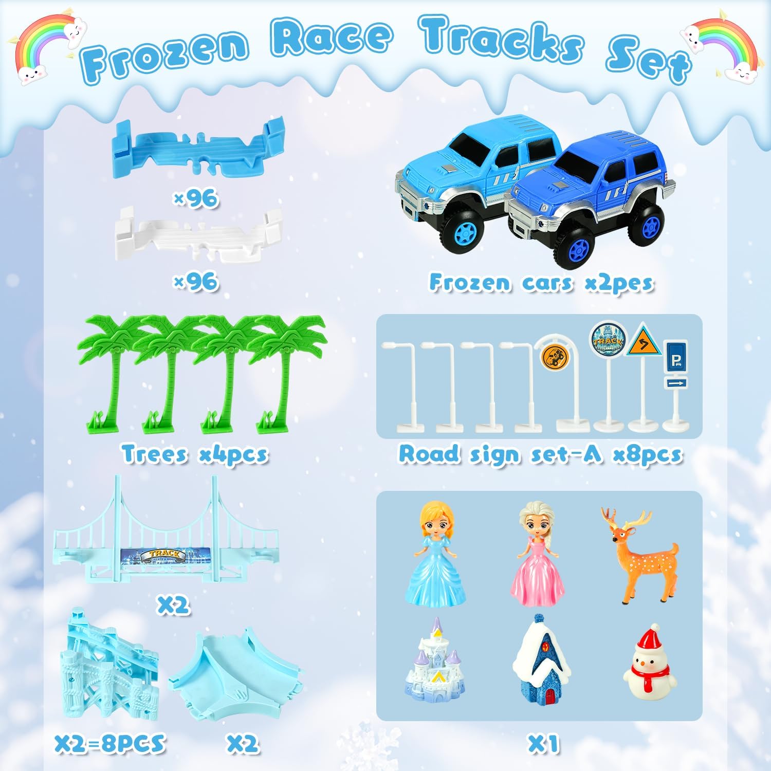 Frozen Race Track Toys for Girls Ages 3-8, 224 PCS Princess Castle Car Toys with Magic Bendable, 2 Monster Truck, Flexible DIY Track Set, Christmas Birthday Gifts for 3 4 5 6 7 8 Year Olds Toddler Kid