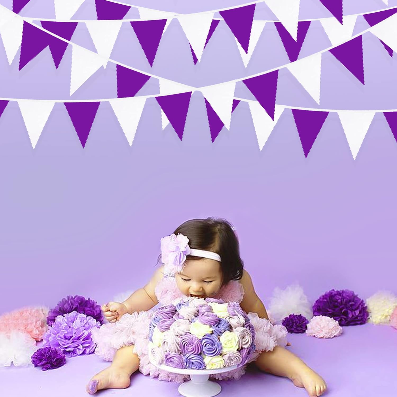 32Ft Purple and White Pennant Banner Fabric Triangle Flag Cotton Cloth Bunting Garland Kit for Wedding Birthday Lavender Party Home Nursery Outdoor Garden Hanging Festivals Decoration - Image 4