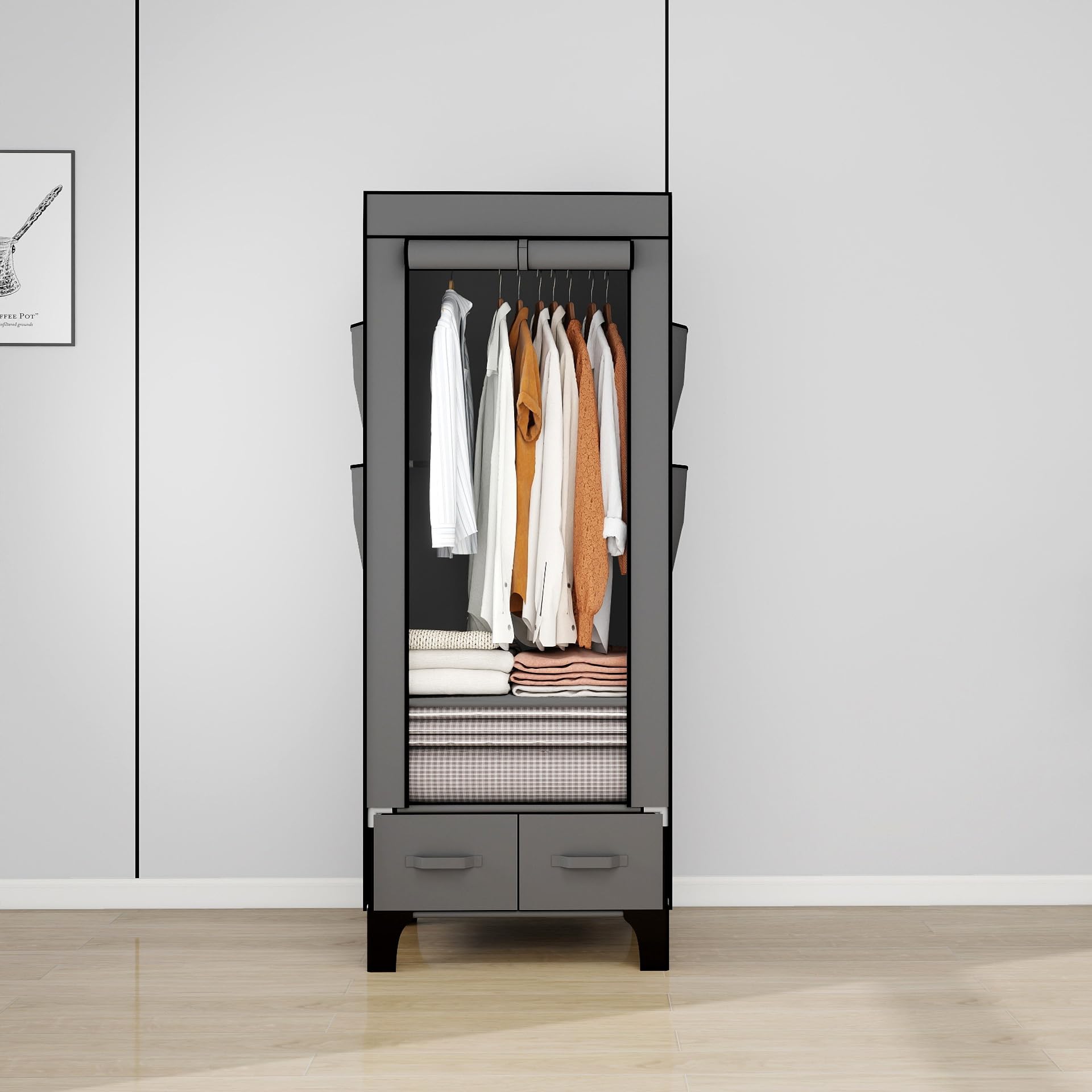 OPPAIYA Armadio in tessuto sottile, robusto, piccolo con 2 cassetti, armadio pieghevole con 8 tasche laterali e copertura, guardaroba per campeggio e camera da letto, nero, 59 x 45 x 160 cm, nero
