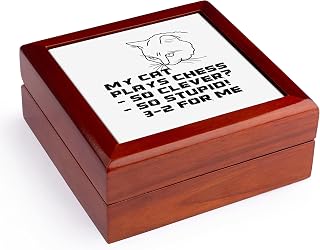 3dRose cat plays chess black Jewelry Box 7 x 7 inch with 4 inch tile
