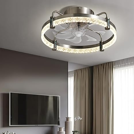 DWVO Ceiling Fan with Lights 20", Low Profile Flush Mount Ceiling Fan, Enclosed Bladeless Fan with Quiet Reversible DC Motor, 6 Speeds, for Bedroom,Living Room Kitchen, Indoor, Brushed Nickel