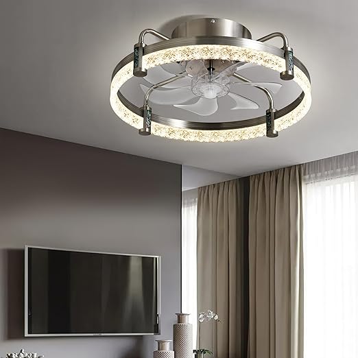 DWVO Ceiling Fan with Lights 20", Low Profile Flush Mount Ceiling Fan, Enclosed Bladeless Fan with Quiet Reversible DC Motor, 6 Speeds, for Bedroom,Living Room Kitchen, Indoor, Brushed Nickel