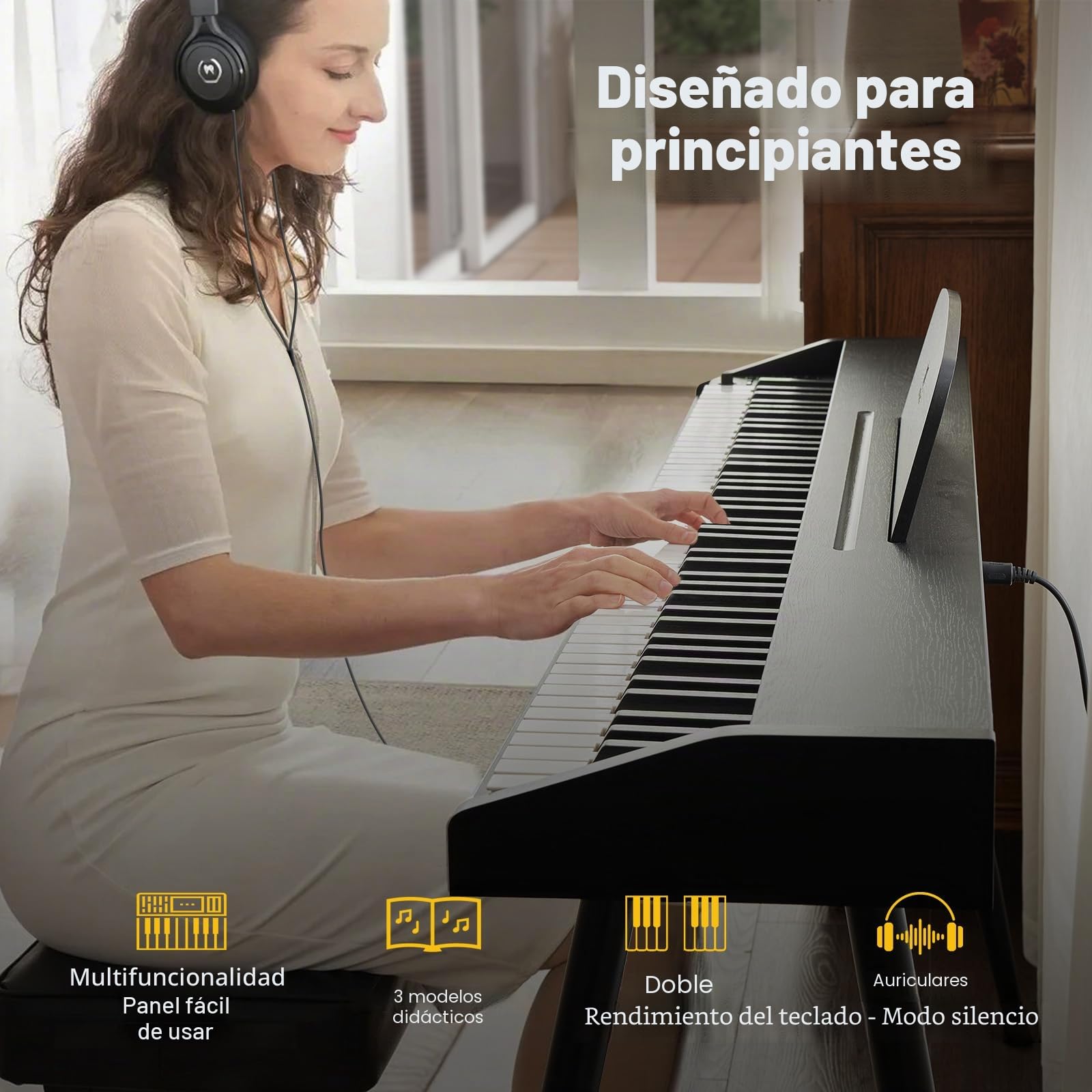 MUSTAR Piano Digital de 88 teclas con banco, teclado piano tamaño completo con 3 pedales, piano eléctrico portátil, piano digital para el hogar con MIDI-USB y soporte, negro