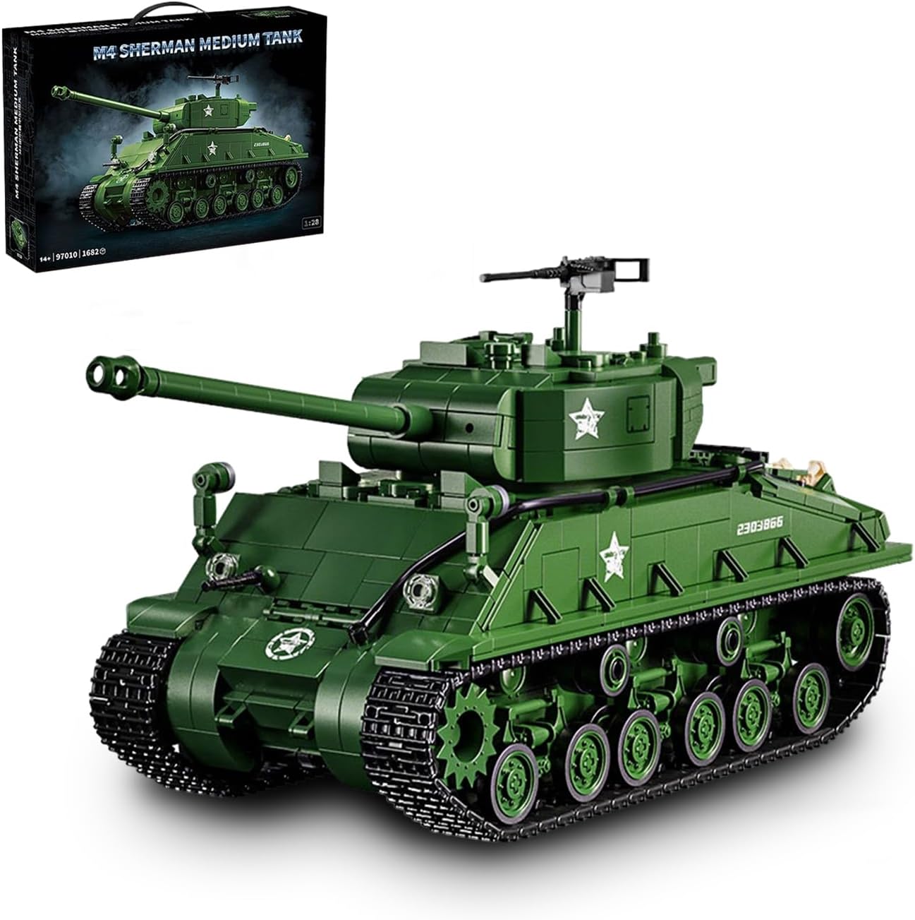 Military M4 Sherman Medium Tank Building Set for Adults, Army Tanks WW2 Model Kit with 4 Soldiers, Gift for World Tanks Fans (1682 PCS)
