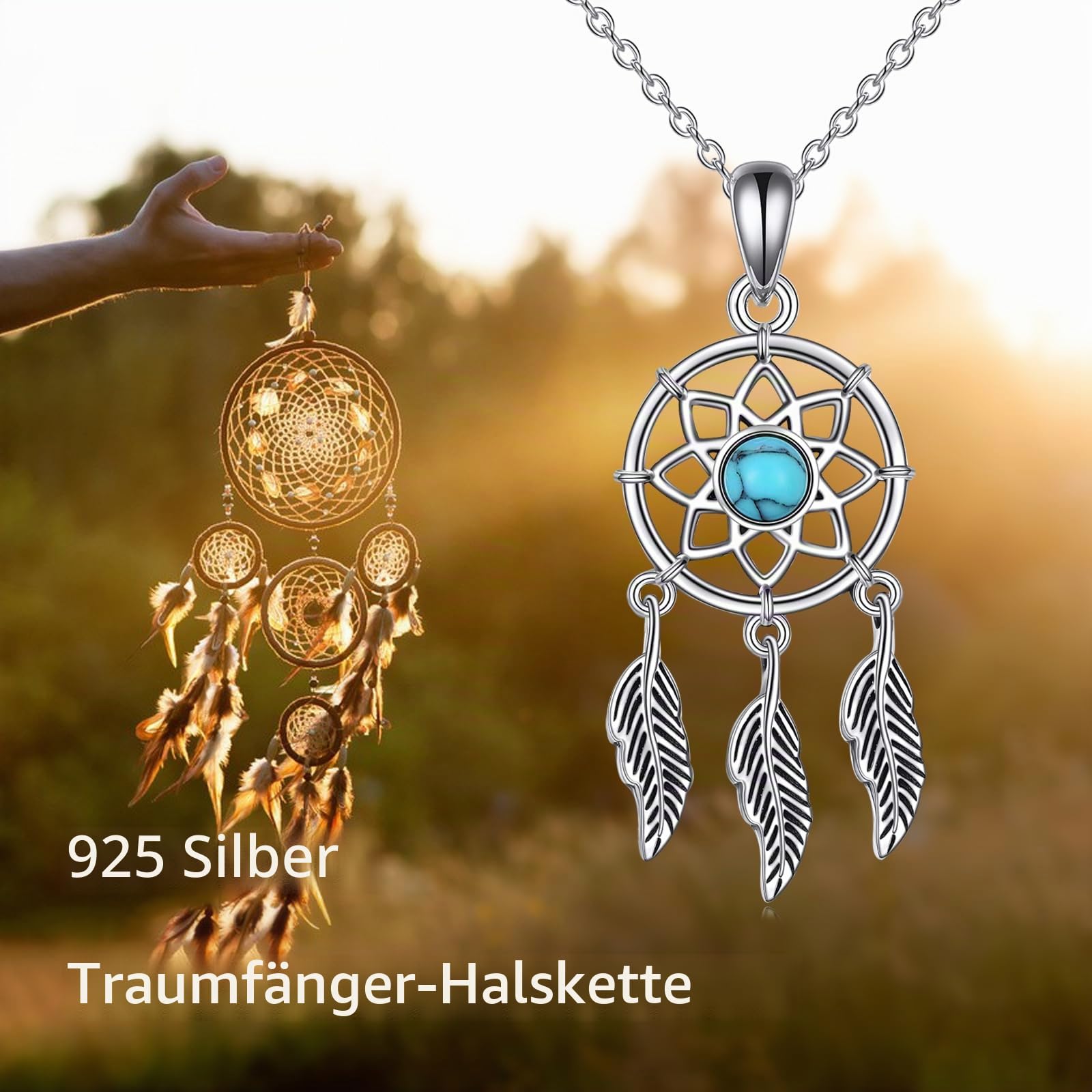 YFN Traumfänger-Halskette 925er-Sterlingsilber Traumfänger-Feder-Halskette Traumfänger-Türkis-Anhänger Traumfänger-Schmuck Geschenke für Frauen Teenager Mädchen