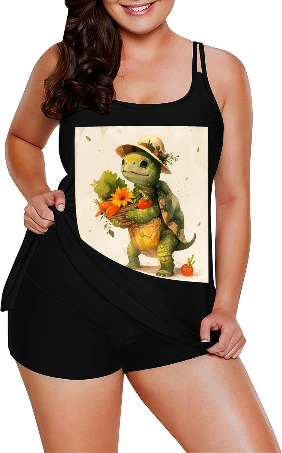 A Cartoon Turtle Tankini Swimsuits for Women Tummy Control Two Piece Bathing Suits Swim Tops with Boy Shorts