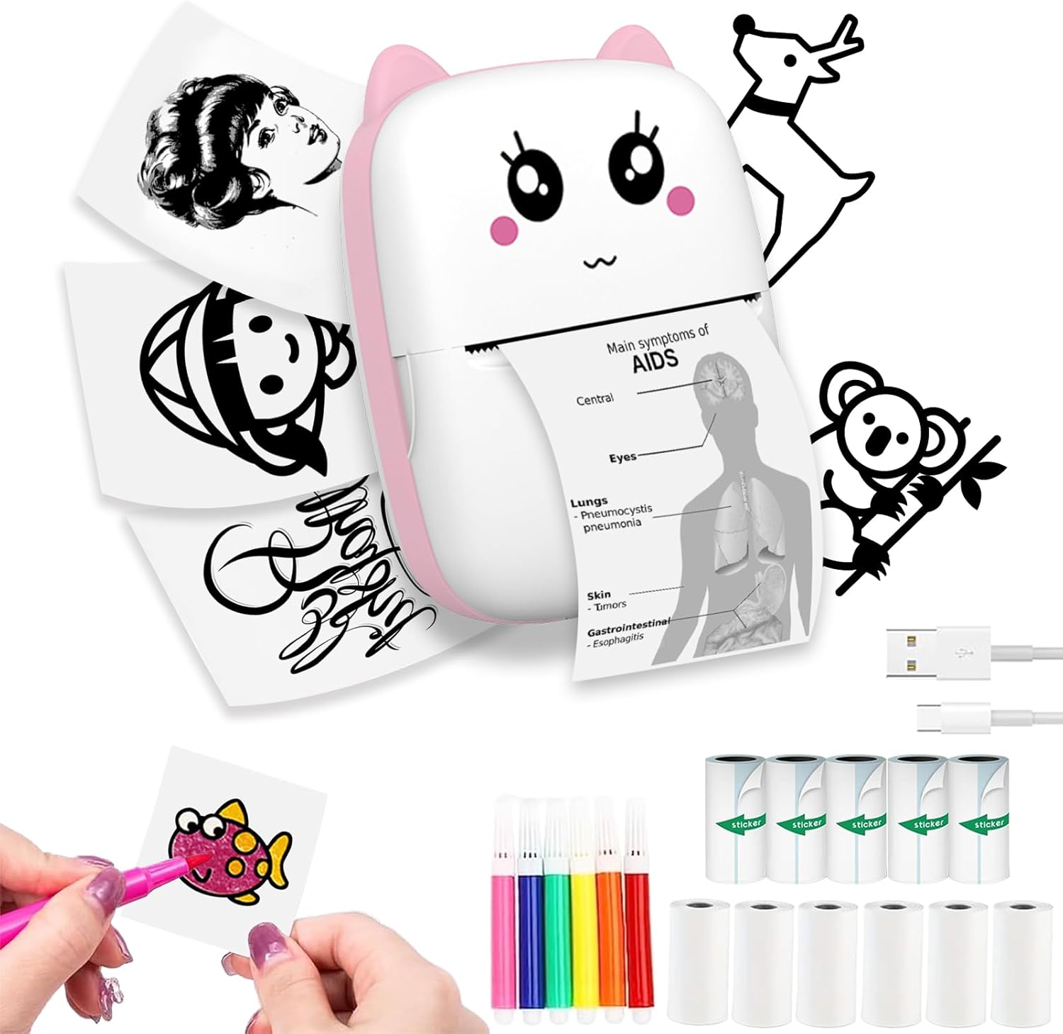 Mini Sticker Printer with 10 Rolls Paper, Thermal Printer Portable Sticker Maker, Bluetooth Inkless Printers Compatible with iOS & Android, Pocket Impresora Portátil for Notes, Journal, DIY, Kids Gift