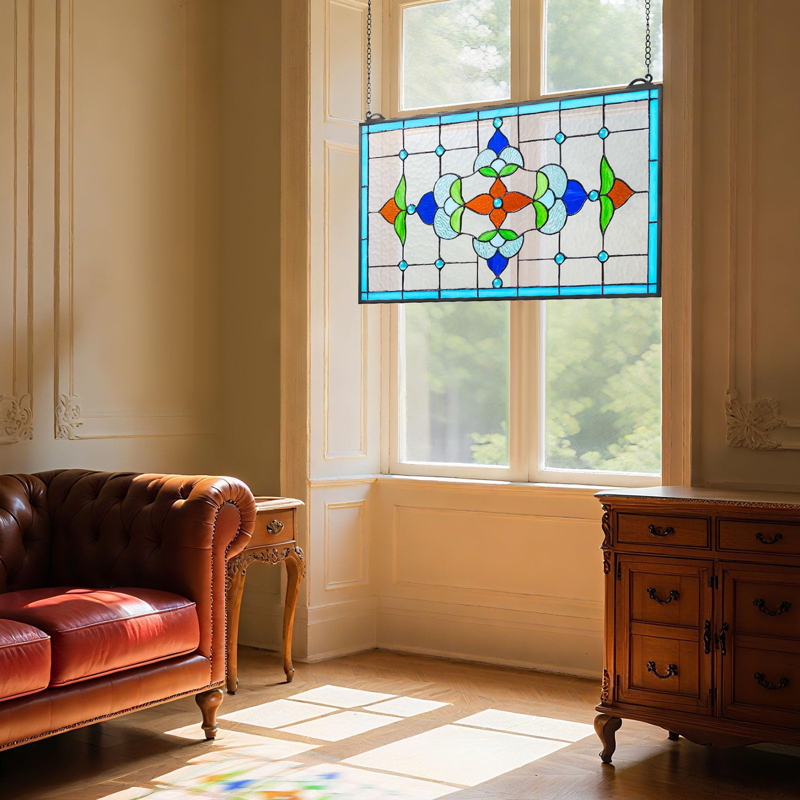 VEVOR Buntglasfensterpaneel (664 x 402 mm) hängendes Buntglas mit Kette, Buntglas im Tiffany-Stil zum Aufhängen, traditionelles rechteckiges Vintage-Kunsthandwerk Fensterdekor für Küche & Kirchen