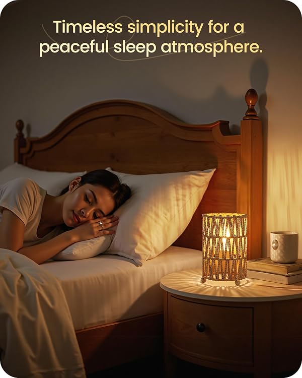 GOEBLESON Small Rattan Table Lamps Set of 2, Boho Bedside Lamps Plug in, Handwoven Paper Rattan Lampshade, 2400K LED Bulb Included, Desk Lamp, Nightstand Lamp for Bedroom, Living Room, Mesh H11TLP205 by GOEBLESON - Used condition - Image 2