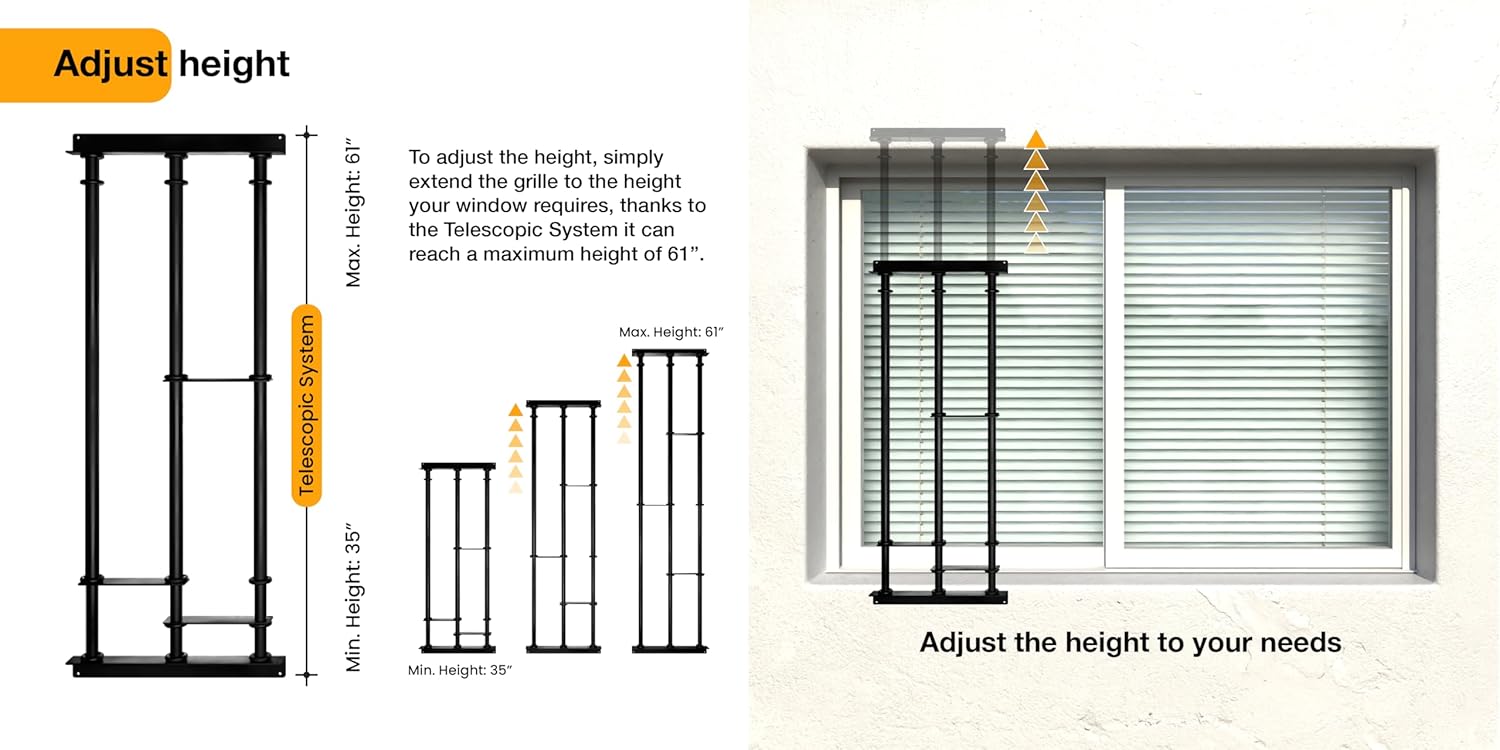 SWB Adaptable Window Bars Security for Windows - Model B | Easy DIY Installation | Suitable for Both Frame and Wall | Telescopic System | Patented Security Innovation
