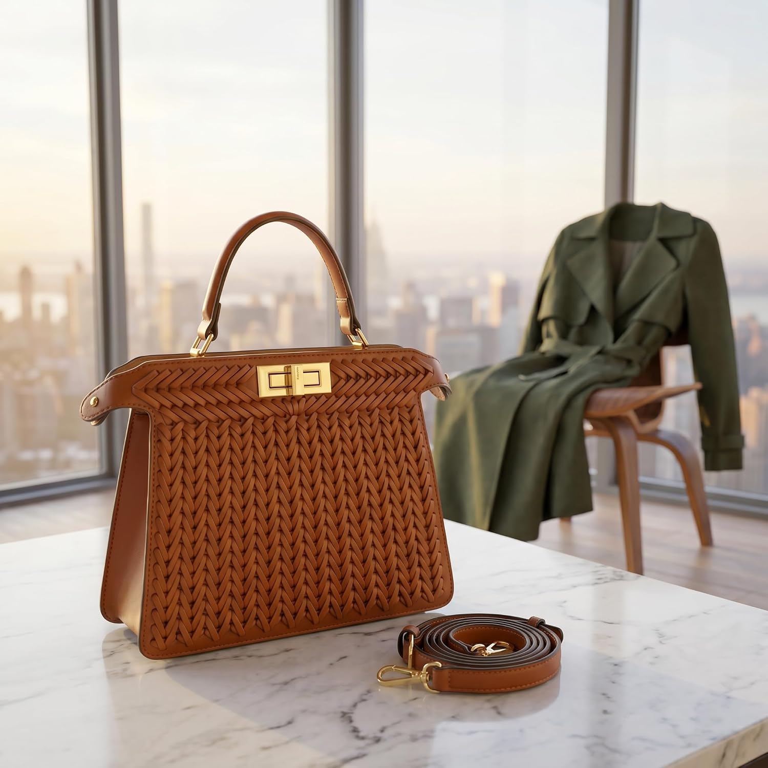 Woven Leather Shoulder Bag for Women - Genuine Leather Top Handle Purse with Adjustable Crossbody Strap - Elegant Woven Satchel Handbag for Work, Travel & Daily Use - Brown