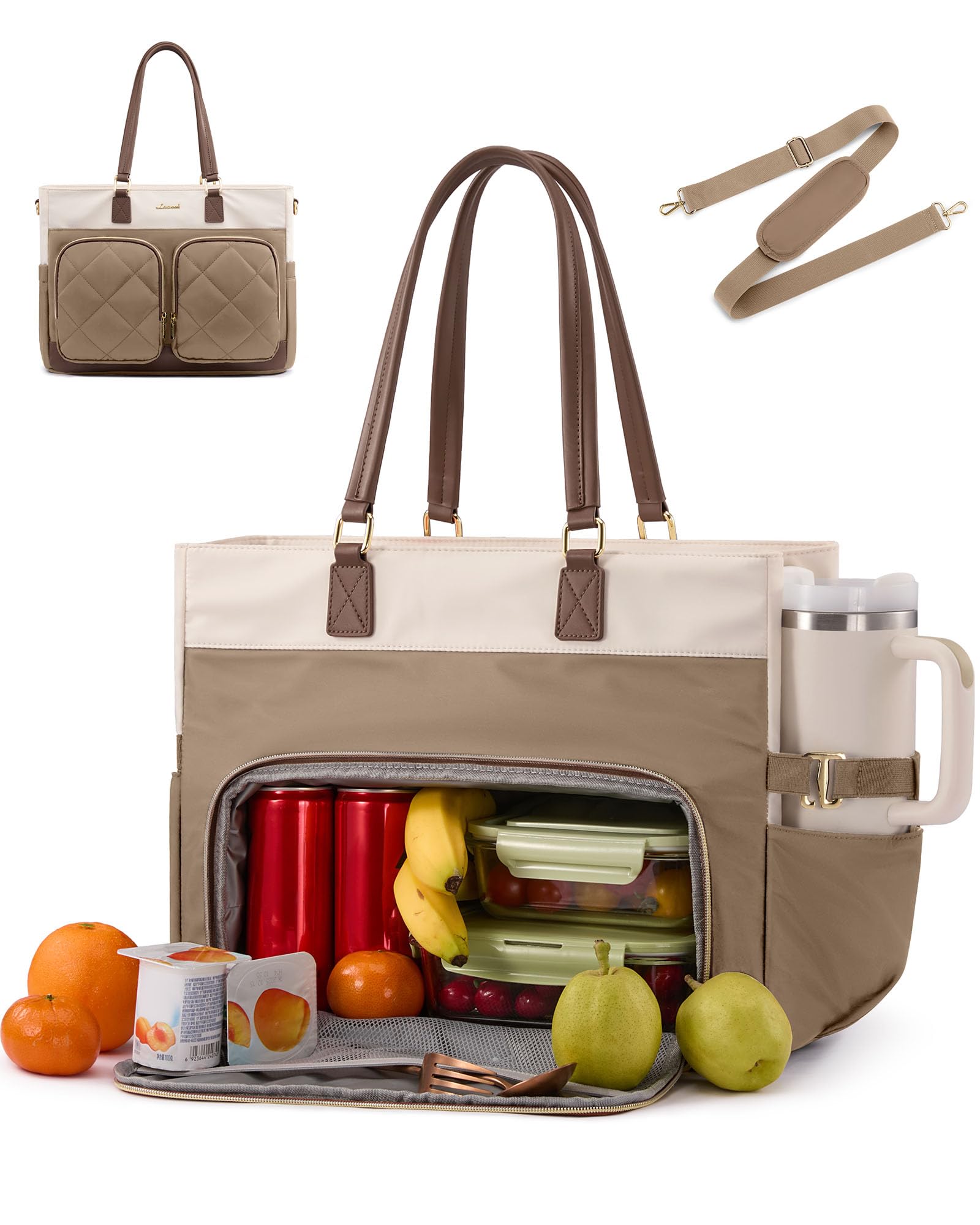 LOVEVOOK Laptop Work Tote Bag with Lunch Compartment &amp; 40oz Cup Holder