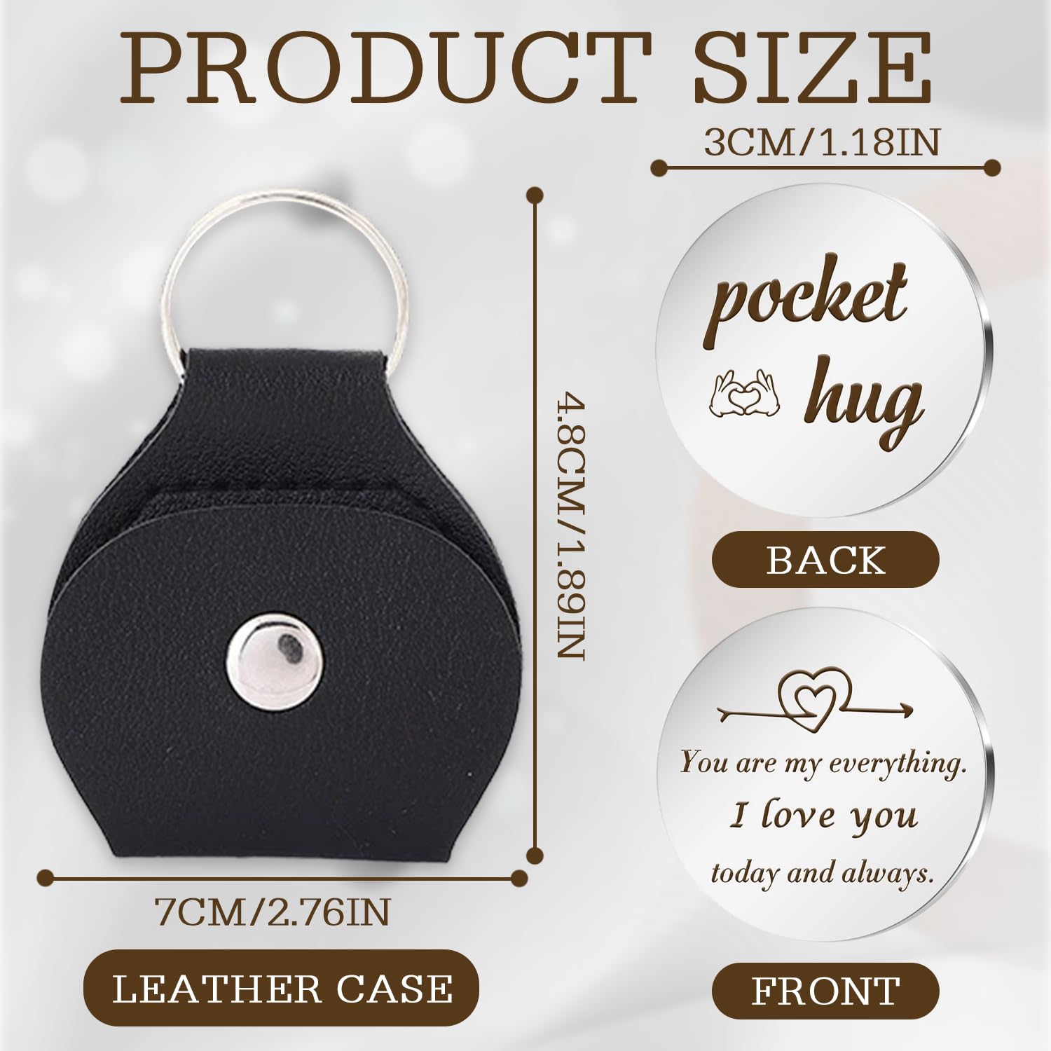 Onperpoe Câlin de poche avec étui en cuir « I Love You » - Cadeaux pour lui, petite amie, cadeaux pour lui, elle, petit ami, cadeau de relation longue distance - Jeton en acier inoxydable, Argenté.,