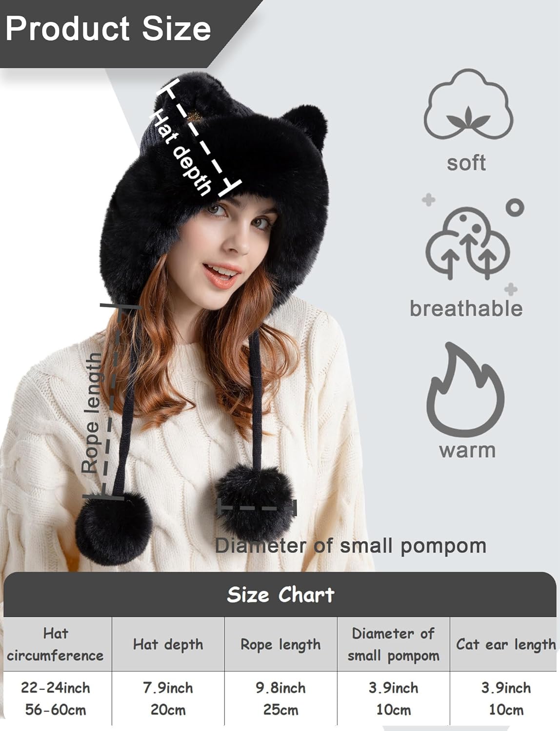 SEAUR Women One-Piece Winter Warm Beanie Hats Fleece Lined Knit Cap Balaclavas Mask Set Skull Neck Scarf with Pompom