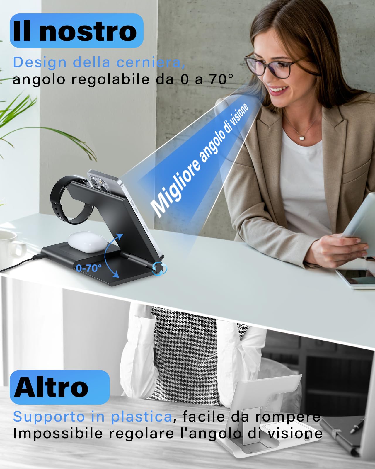 WATOE 3 in 1 Caricatore Wireless Stazione, 18W Ricarica Rapida Wireless Phone Charger Stand per iPhone16 15/14/13/12/11/Pro/Max/XS/XR/X/8/Plus, per Apple Watch 9/8/7/6/SE/5/4/3/2 e per AirPods 3/2/Pro
