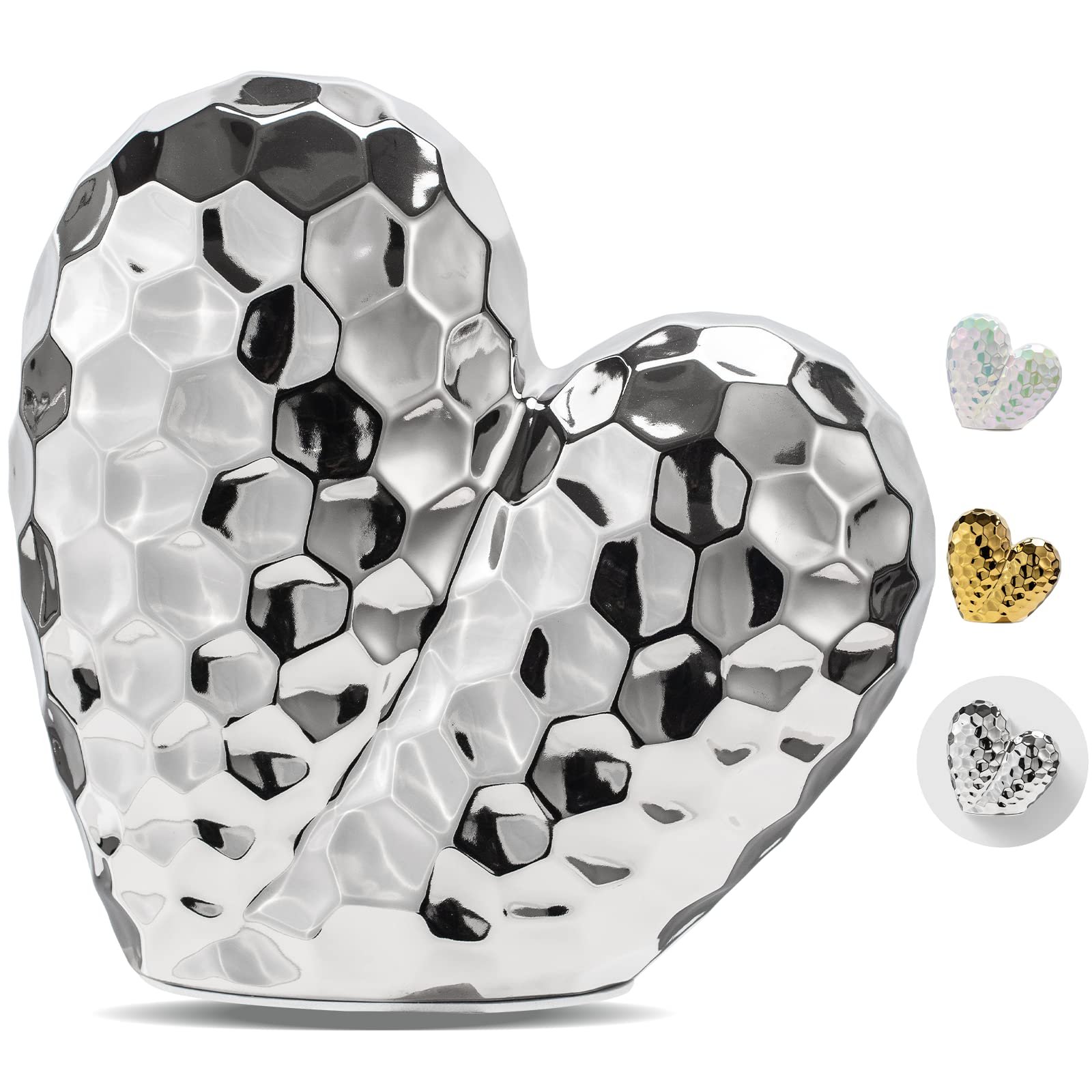 Kiiwaa Porcelain Heart Decor, Home Decor for Shelves Living Room Entryway Table Dining Room TV Stand Mantle, Mother's Day Wedding Valentines Gift, Ceramic Modern Statue (Silver)