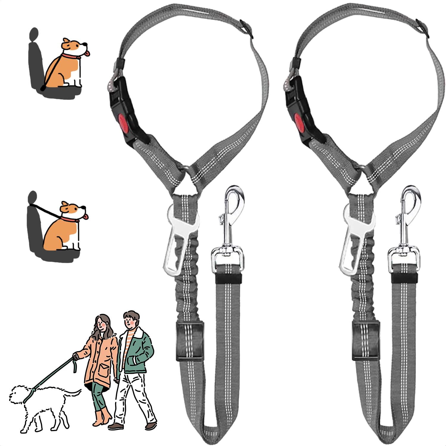 MOLHEM 2 Pack Pet Dogs Seat Belt for Car Adjustable Safety Elastic Lead Harness for Cars Anti Shock Elasticated Cushioned Leash (Grey)