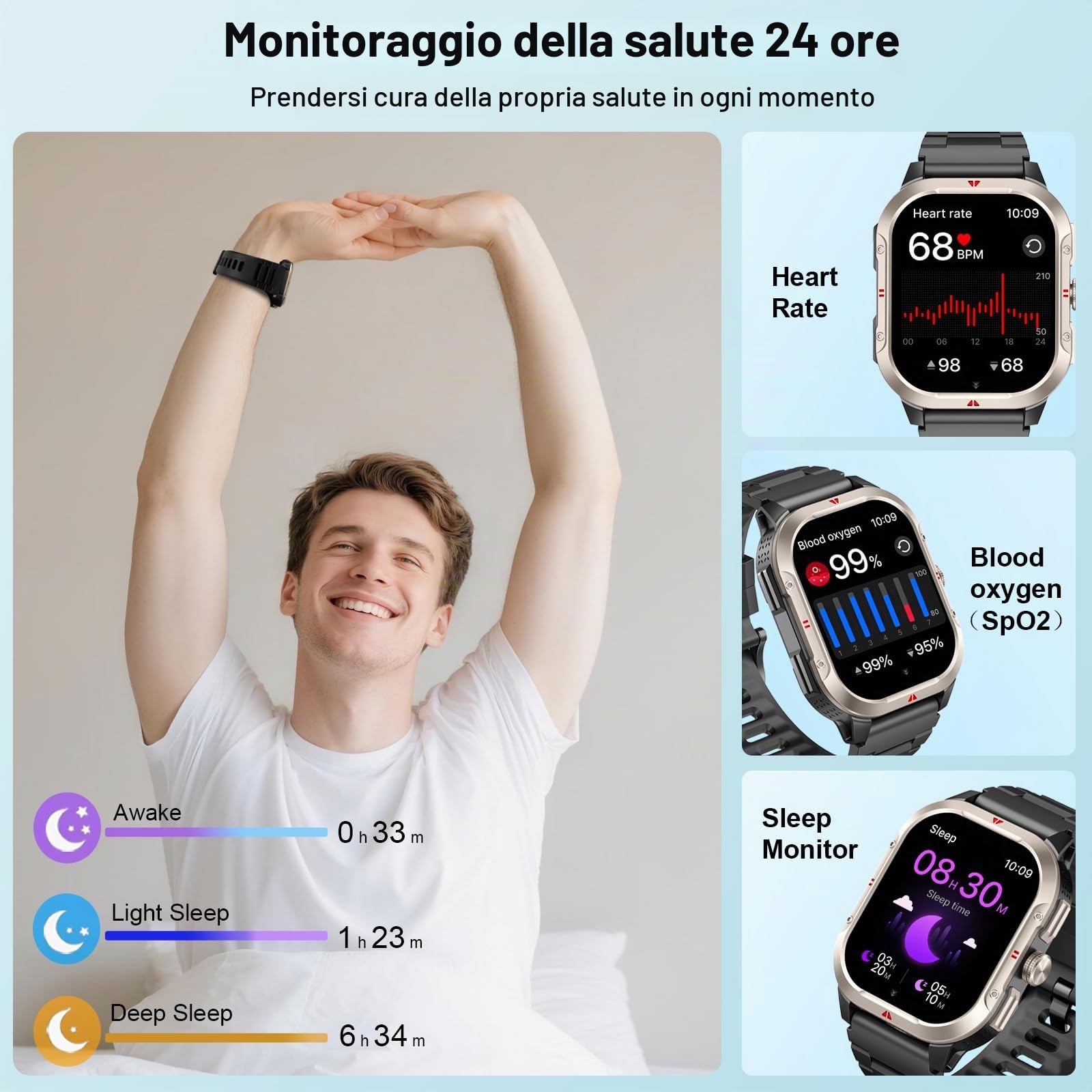 Smartwatch Uomo GPS, 2.06" AMOLED Militari Orologio Smartwatch con Chiamate Bluetooth, Militari Smart Watch con Sonno/Cardiofrequenzimetro/Torcia/Bussola, 110+ Sportive Fitness Tracker per Android iOS