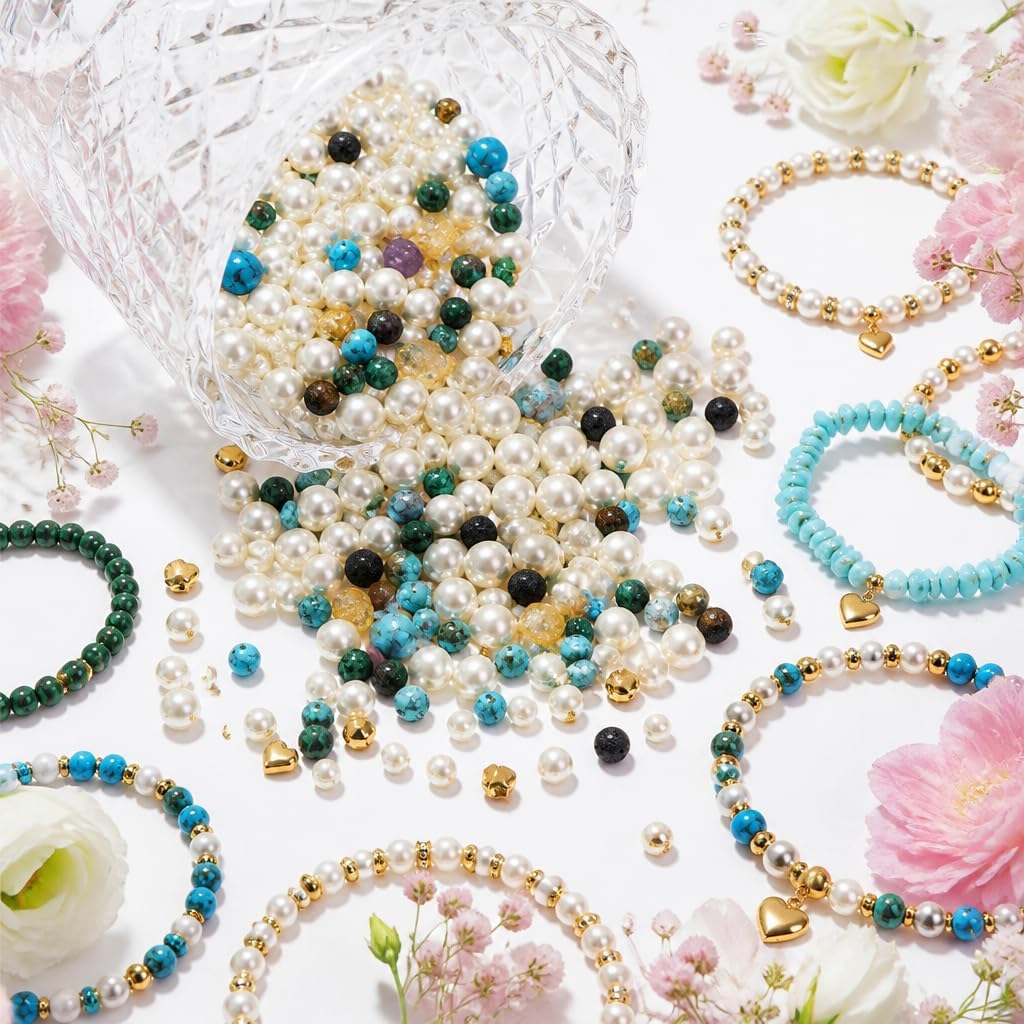 1000Pcs Pearl Beads for Bracelets Making -4mm 6mm White Pearl Beads with Gold Spacer Bead & Shell Jewelry for Bracelet Necklace DIY Craft Making Kit, Beach Theme Friendship Jewelry Making Kit