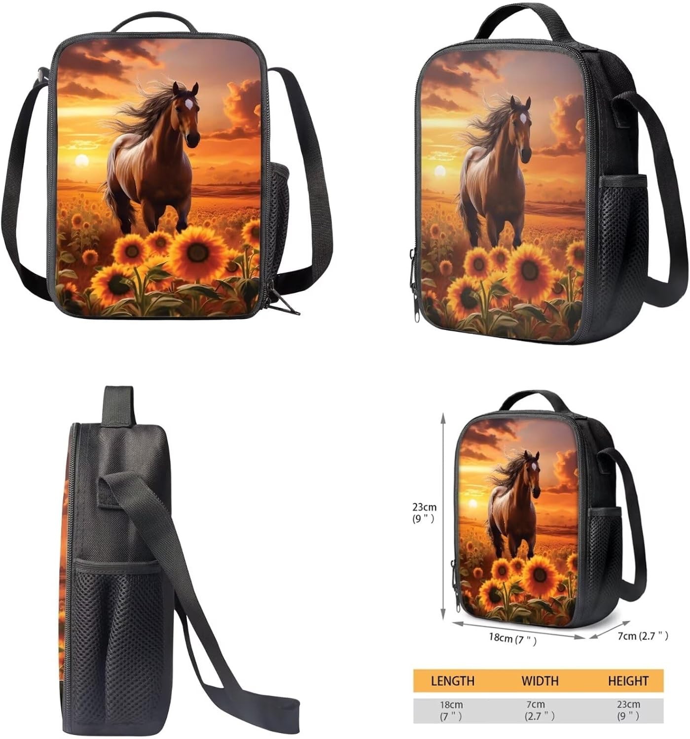 Sunflower Horse School Bag Elementary Backpack for Girls with Lunch Box Pencil Case 3PCS Primary Middle High School Back Packs Satchel for Kids Boys Back to School Daycare Bag Rucksack