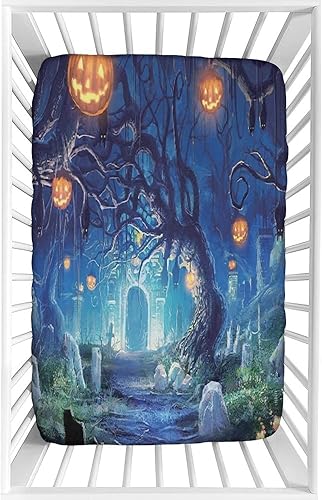 XISUNYA Sábana decorativa para cuna, sábana bajera de microfibra suave y sedosa para Halloween, 28 x 52 x 8 pulgadas, sábana de bebé con impresión