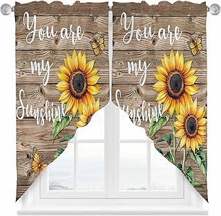 Sunflower Swag Curtain Valances, You are My Sun Shine Vintage Brown Wood Board Light-Filtering Swag Valance for Small Window, Short Window Treatments for Kitchen Bedroom, 36"x45", 2PCS