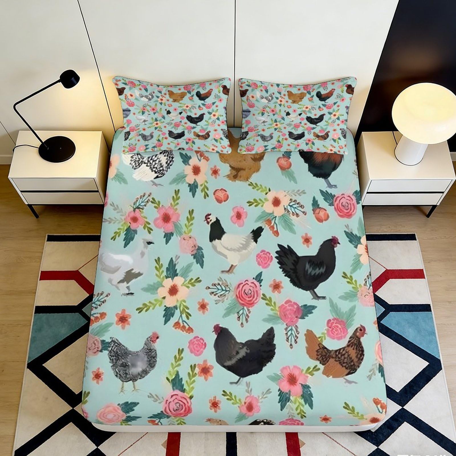 3D Printed Farm Chicken Floral Fitted Sheet Microfiber Deep Pocket Soft Bedroom Bedding Floral Mattress Fitted Cover 90x200x25cm