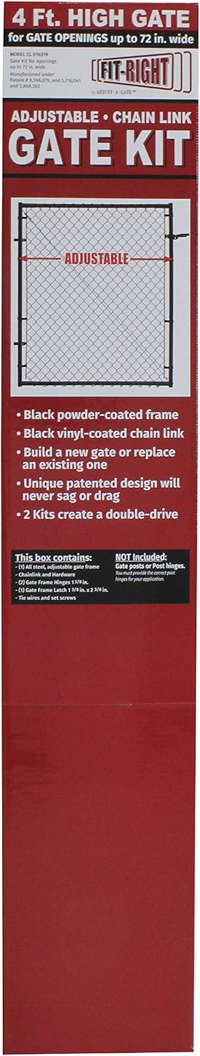 Fit-Right Adjustable Chain Link Gate Kit | Square Corner Frame | 4' High-Expands from 24” to 72” Wide | Black