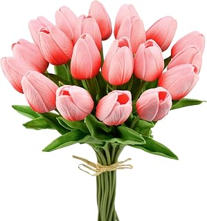 Mandy's Artificial Tulips 20 Stems Coral PU Faux Flowers for Wedding Home Decor 13.5 Inch