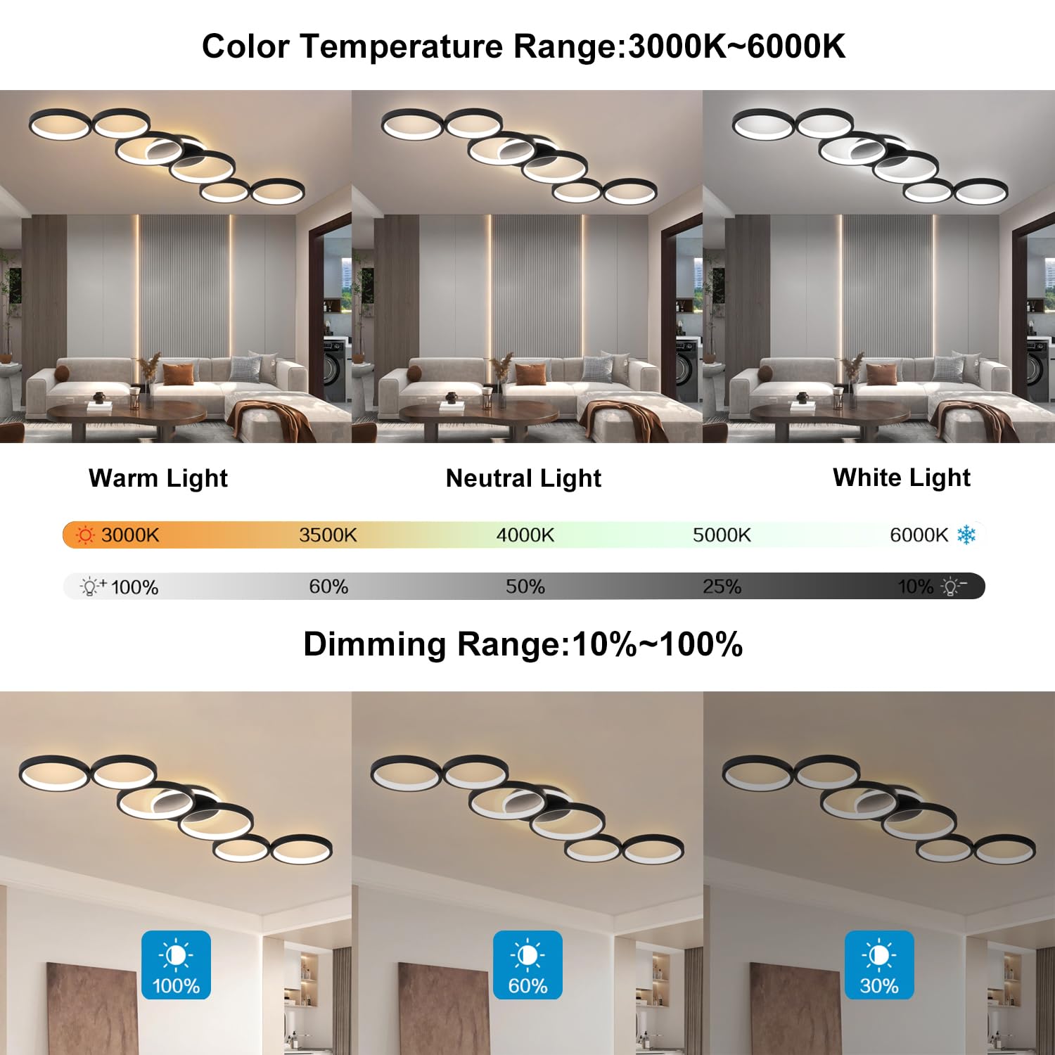 Plafoniera LED Soffitto Dimmerabile Lampada da Soffitto Soggiorno Nero 69W | 113cm Luce Camera da Letto Telecomando e APP, Moderna Illuminazione Rotonda a Soffitto a 6 Anello con Funzione di Memoria