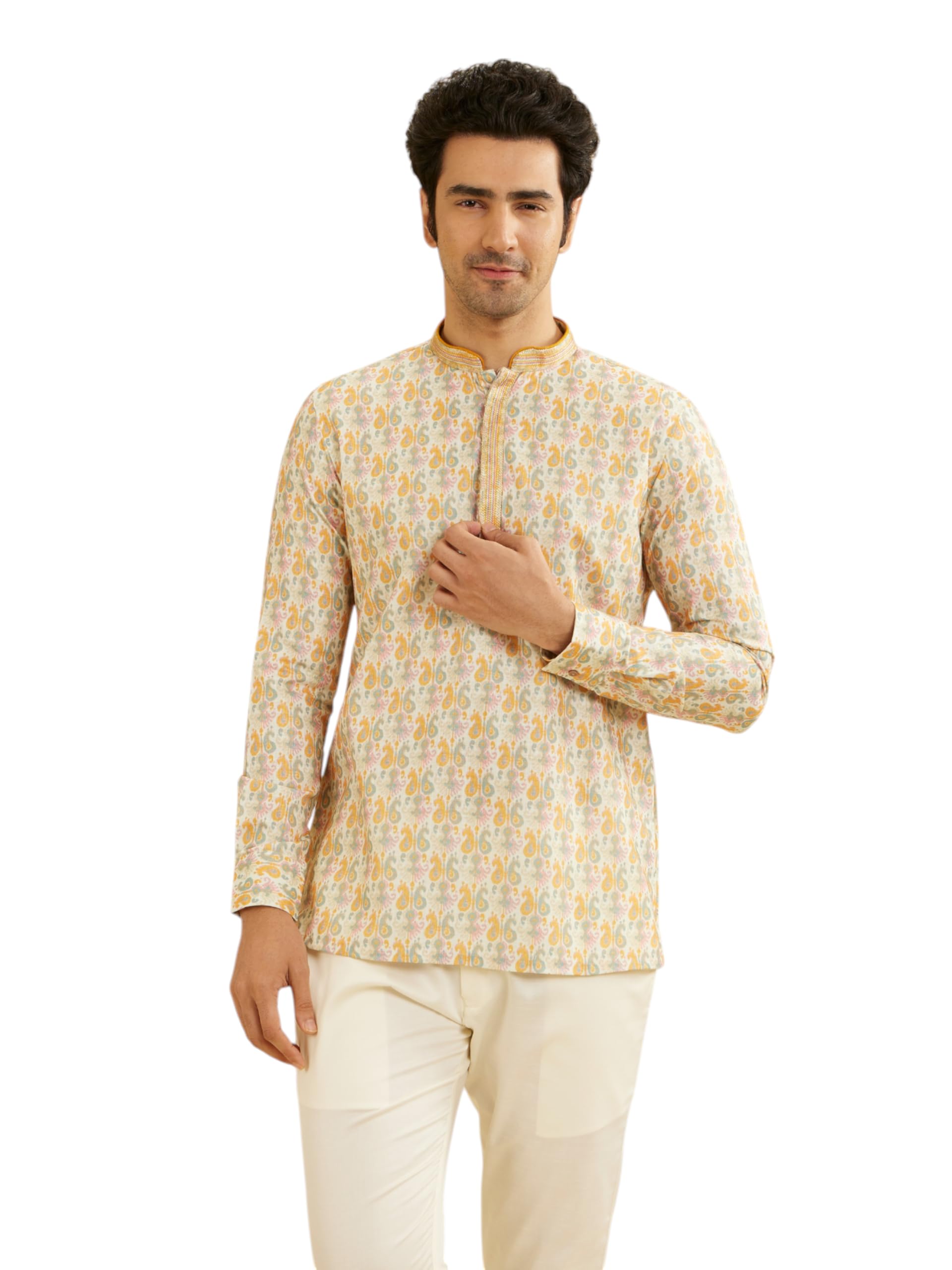 manyavar Men's Blended Cotton Floral Print Short Kurta (1pc)-picture-13