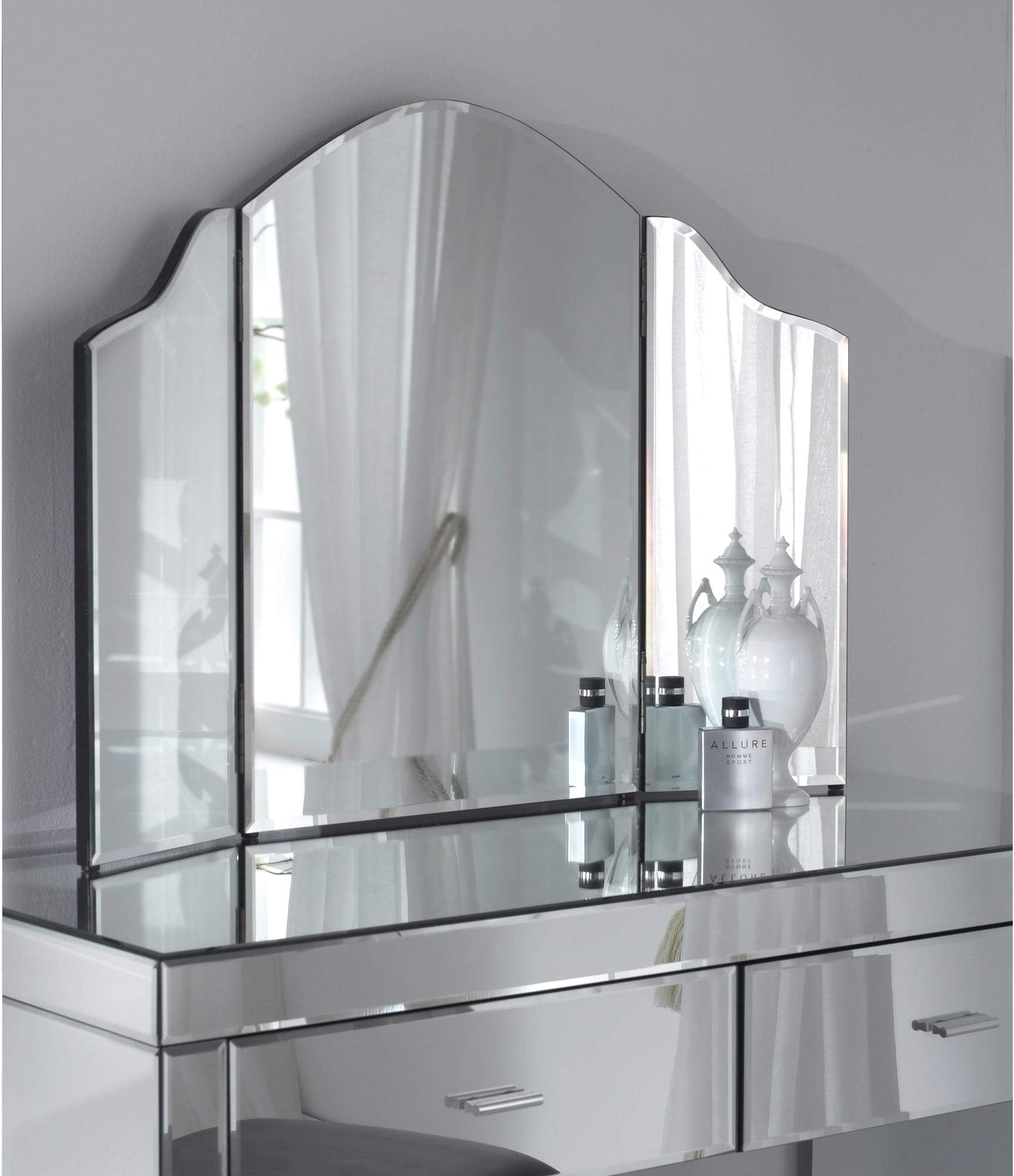 Homesdirect365 Romano Three-Panelled Dressing Table Mirror - 89cm Wide Hinged Vanity Mirror for Makeup, Desk, Folding Beauty