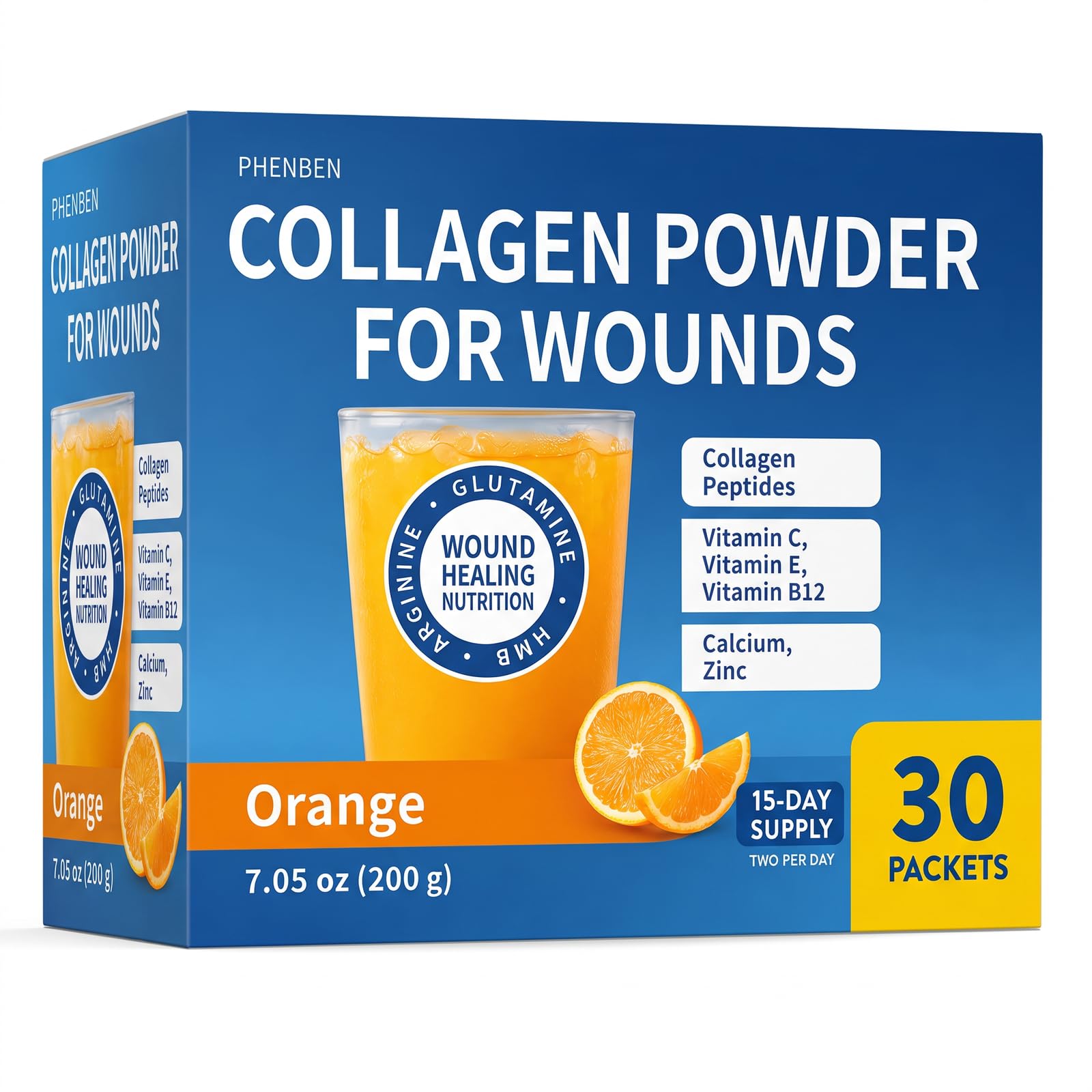 Collagen Powder for Wound Healing, Pre & Post Surgery Recovery Support, Collagen Peptides with HMB, Amino Acids & Essential Vitamins, Orange Nutritional Drink Mix, 200g