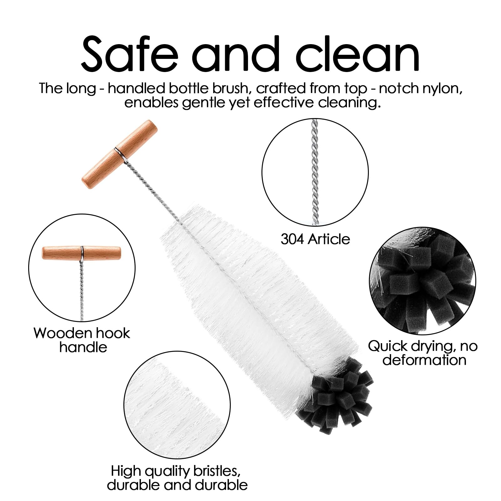 Cepillo para botellas, 35 cm, cepillo para botella compatible con SodaStream, limpieza profunda vidrio/biberón, escoba angular antiarañazos con mango de madera, cepillo denso para suciedad obstinada