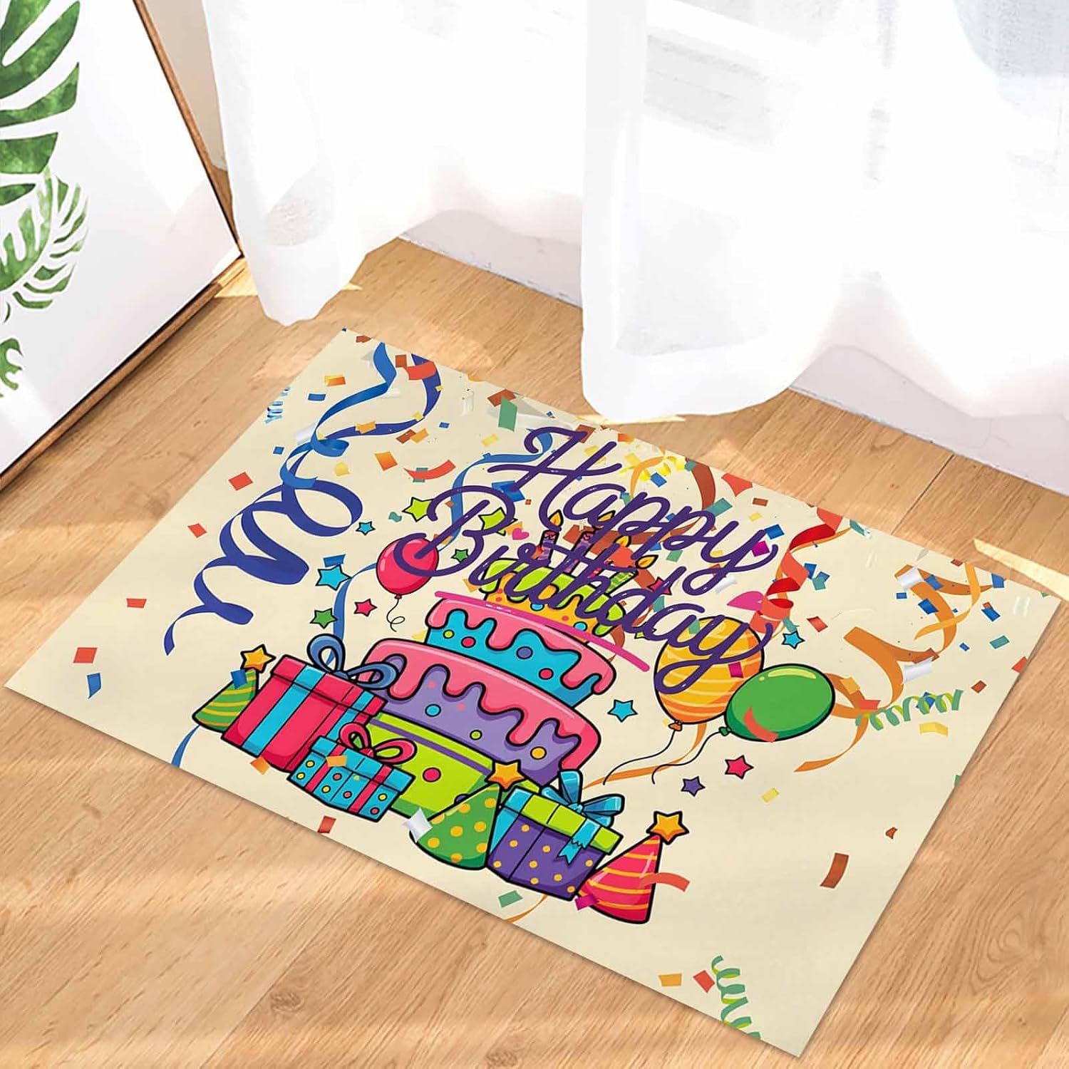 Happy Birthday Door Mat, Indoor Entryway Rug with Non-Slip Rubber, Doormats Ideal for Living Room Bathroom Bedroom Home Office 15.7x23.6 inch, Cake Gifts Balloons Birthday Celebration