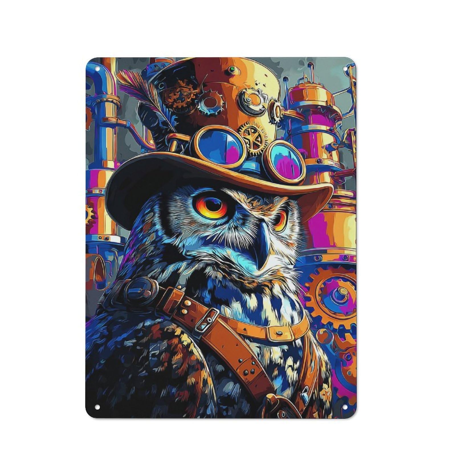 Steampunk Owl Artwork-2 Vintage Tin Sign 40x30cm, Rustic Bistro Wall Plaque for Kitchen, Cafe, Pantry Or Dining Room