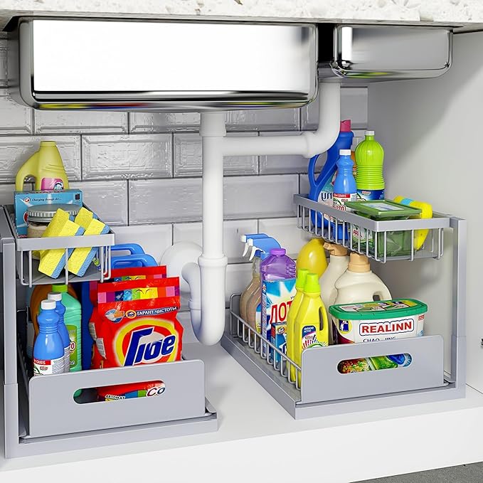Under Sink Organizer, Pull Out Cabinet Organizer, 2 Tier Metal Slide Out Shelf with L Shaped Design, Under Cabinet Storage for Kitchen, Bathroom, Laundry, Deep Cabinet Shelf Storage, White