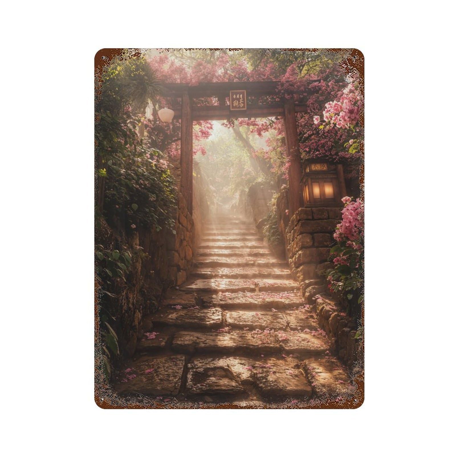 Japanese Torii Gate Shrine Vintage Wall Sign 15.7"x11.8", Rust Effect Metal Decor for Basement, Hobby Room And Garage Decor