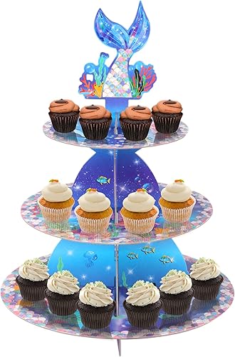 Soporte para cupcakes de sirena de 3 niveles, decoración de fiesta de cumpleaños con temática de sirena, soporte de cartón resistente para tartas,